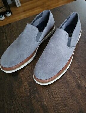 Cole Haan Light Gray Suede Slip-On Loafers with Brown Trim Mens 11